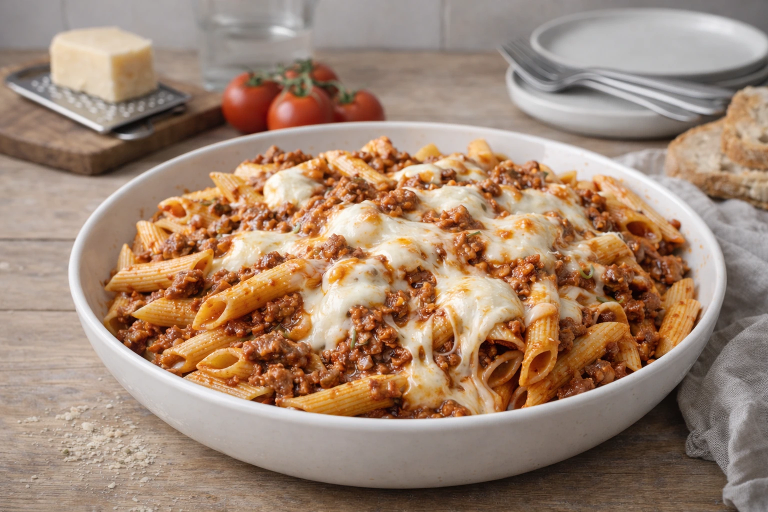 billede af penne med kødsovs og mozzarella